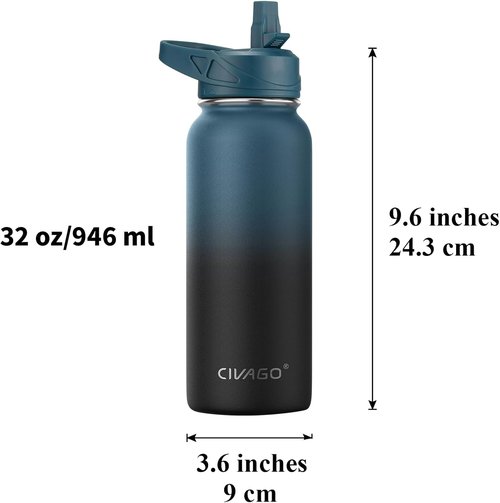 CIVAGO 32 oz Insulated Water Bottle - Stainless Steel Sports Flask with 3 Lids | Dark Rainbow