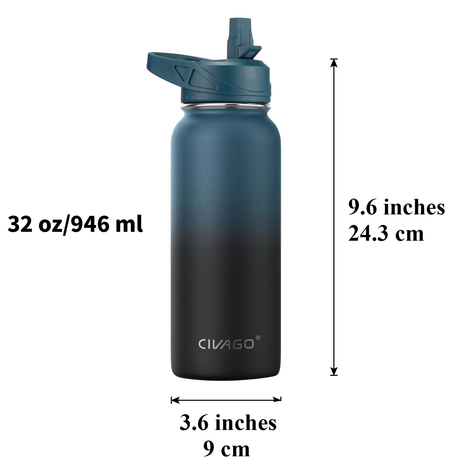 CIVAGO 32 oz Insulated Water Bottle With Straw, Stainless Steel Sports Water Cup Flask with 3 Lids (Straw, Spout and Handle Lid), Wide Mouth Travel Thermal Mug, Army Green