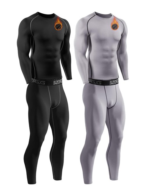 Celfaeree 2 Packs Compression Set Men Thermal Underwear for Men Long Johns for Mens Thermals Top and Bottom Set Black/Gray XL