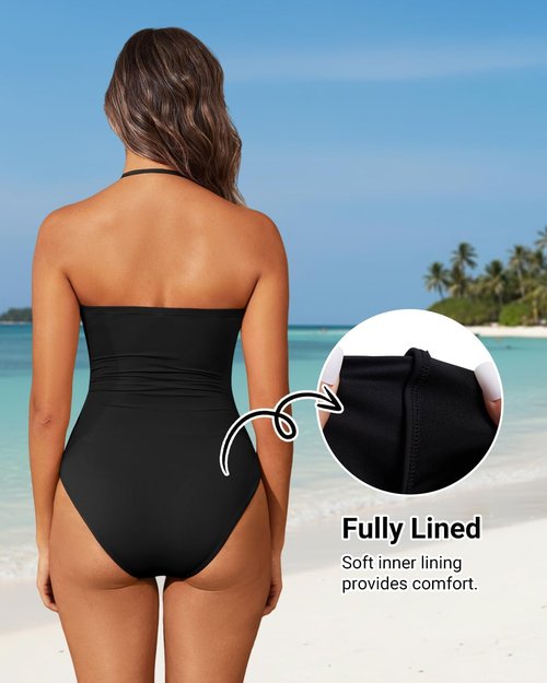 Holipick One-Piece Swimsuit - Tummy Control Strapless Bandeau Design | Slimming Halter Style