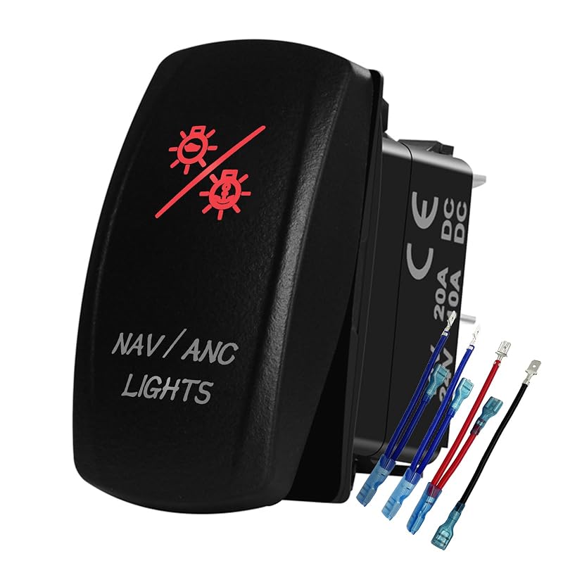 12V 7-Pin Red LED Boat Nav/Anc Lights Switch with Wires - ON-OFF-ON DPDT IP66 Variation nav/anc lights