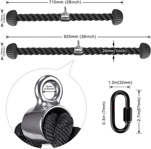Kipika Tricep Rope - Heavy Duty Nylon Cable Machine Attachment with Soft Rubber Ends | Gym Pull Down Rope