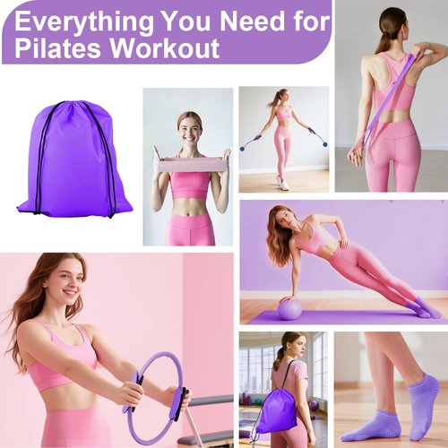 CoreHarmony Home Pilates Workout Set for Women, Magic Circle Ring with Mini Ball, Stretch Loop Band, Workout Towel and Grip Socks, Valentine’s Day Gift for Her