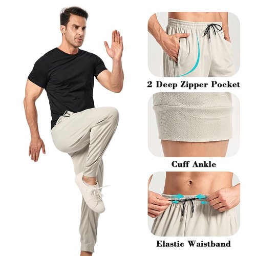 3PC Men's Tapered Sweatpants with Zipper Pockets - Snag-Proof Mesh Jogger Pants, Breathable for Sports & Casual Wear