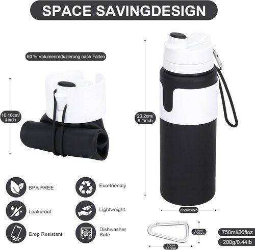 Collapsible Water Bottle - 26oz BPA-Free, Lightweight Leak-Proof Design | Portable Travel Bottle (Black)