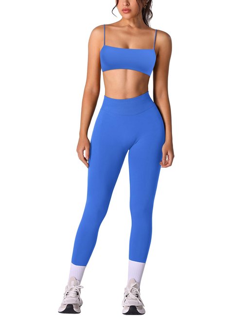 ABOCIW Workout Sets for Women 2 Piece Seamless Bandeau Strappy Sports Bra Butt Lifting High Waist Gym Leggings Yoga Athletic Set Work Out Clothes Electric Blue Medium