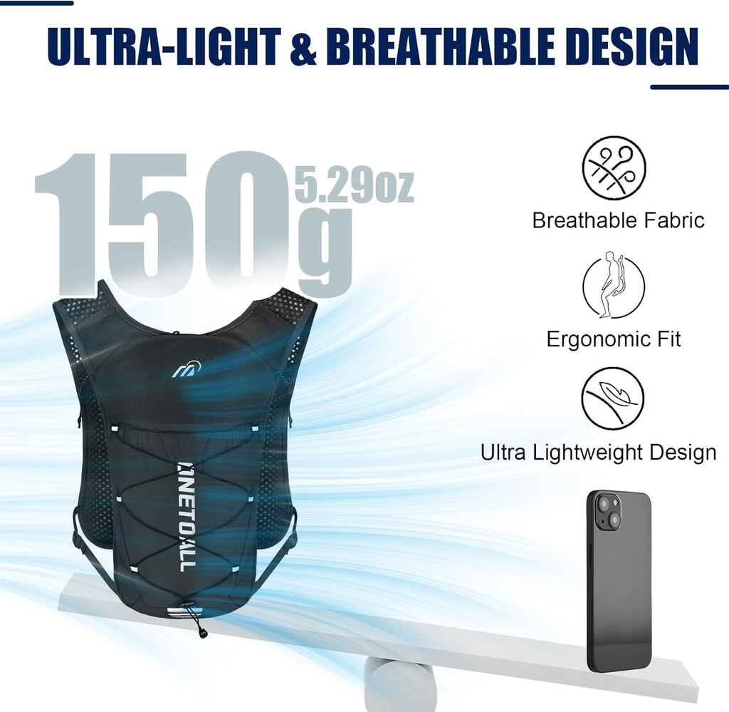 ONETOALL Running Vest for Women & Men,6L Hydration Backpack with 2L Water Bladder,Lightweight Water Backpack for Trail Running, Marathon, Hiking, Cycling, Jogging, Adjustable Fit Black