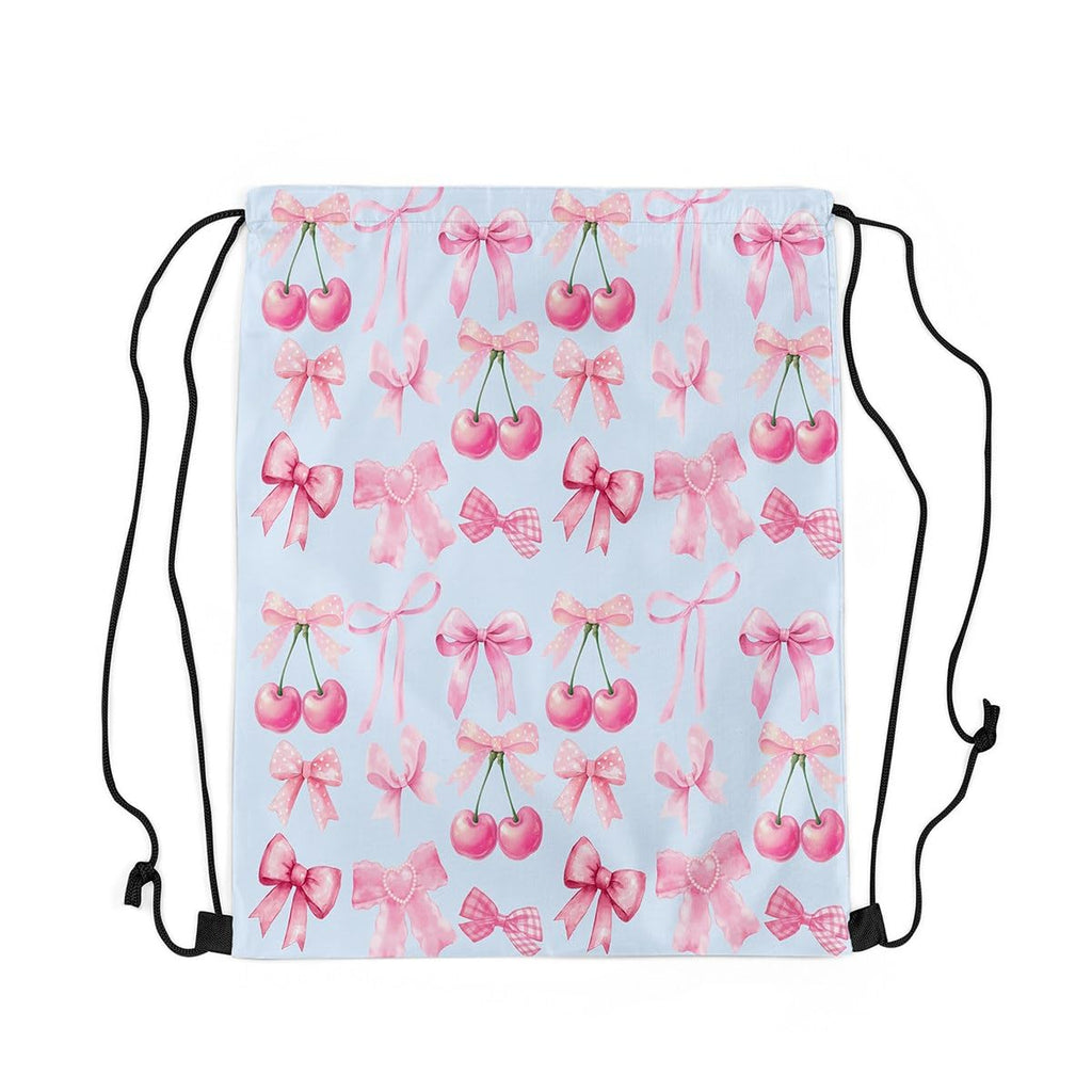 jejeloiu Blue Bow Drawstring Backpack 13x15.7inch,Cute Bowknot Waterproof Gym Drawstring Bags Kawaii cherry Fruit Sports