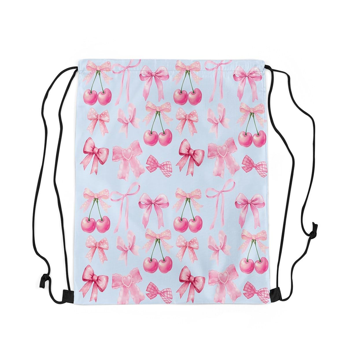 jejeloiu Blue Bow Drawstring Backpack 13x15.7inch,Cute Bowknot Waterproof Gym Drawstring Bags Kawaii cherry Fruit Sports