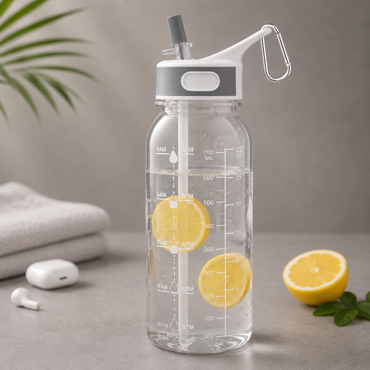 Louis Donné Water Bottle with Stra, 28oz Sports Water Bottle with Time Marker and Tritan, BPA Free and Leakproof, For Bottled Joy Sports Jug, Water Bottle with Carabiner For Fitness, Yoga (Clear)