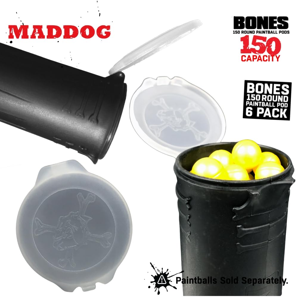 Maddog 150 Round Bones Paintball Pods | Durable Quick Reload Tubes for Tournament and Recreational Speedball Woodsball | 6 Pack - Black