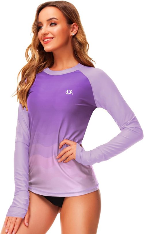 Deerose Women's Gradient Rash Guard - UPF 50+ Surfing Swim Shirt with Thumb Hole