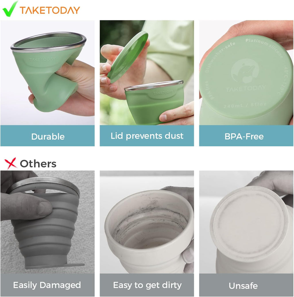 TakeToday Collapsible Travel Cup - 8 oz Silicone Foldable Water Cup with Lid & Waterproof Bag | Green