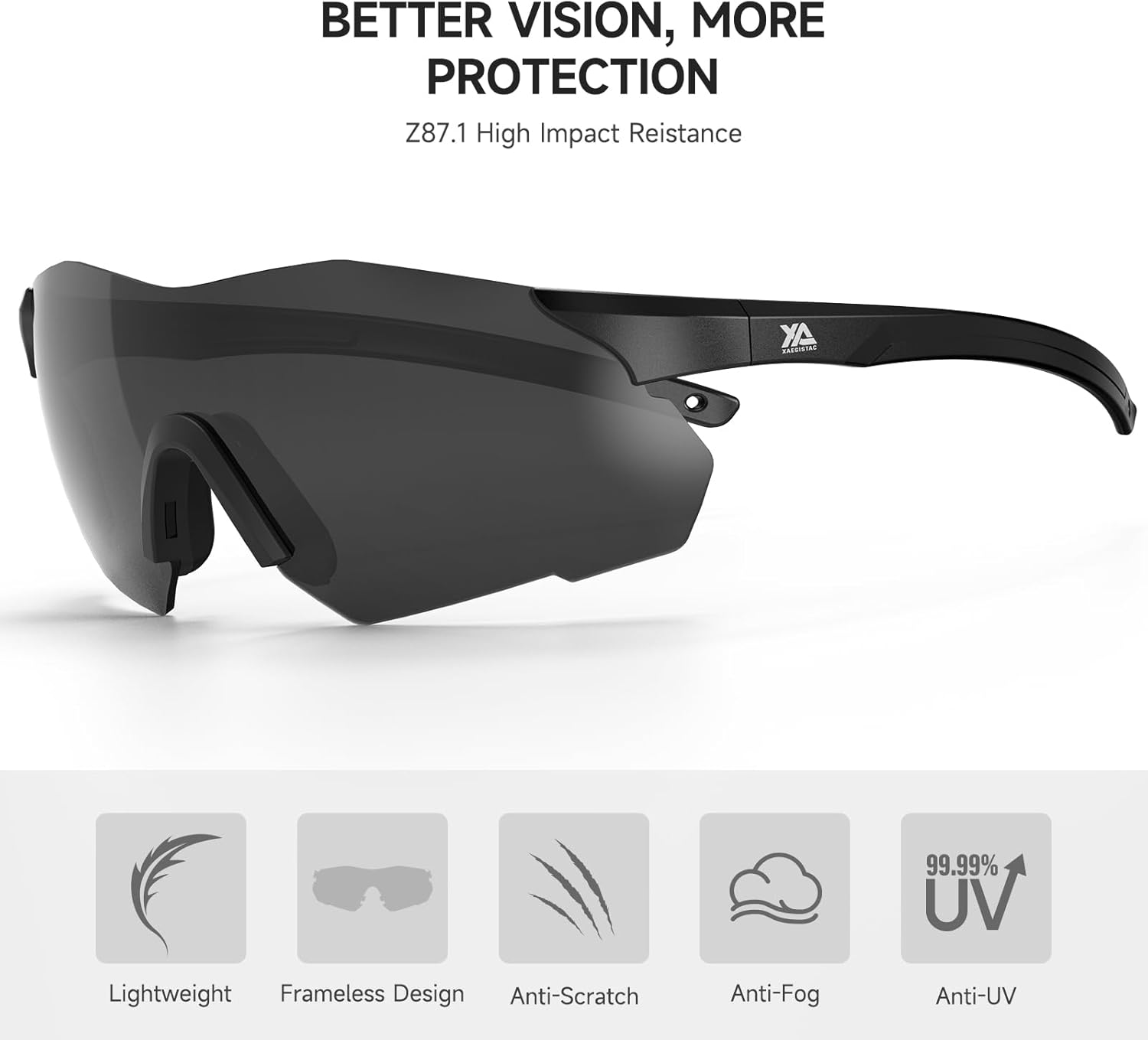 Xaegistac Safety Glasses - Anti-Fog Shooting Glasses with Wide Field of View & Soft Nose Pad