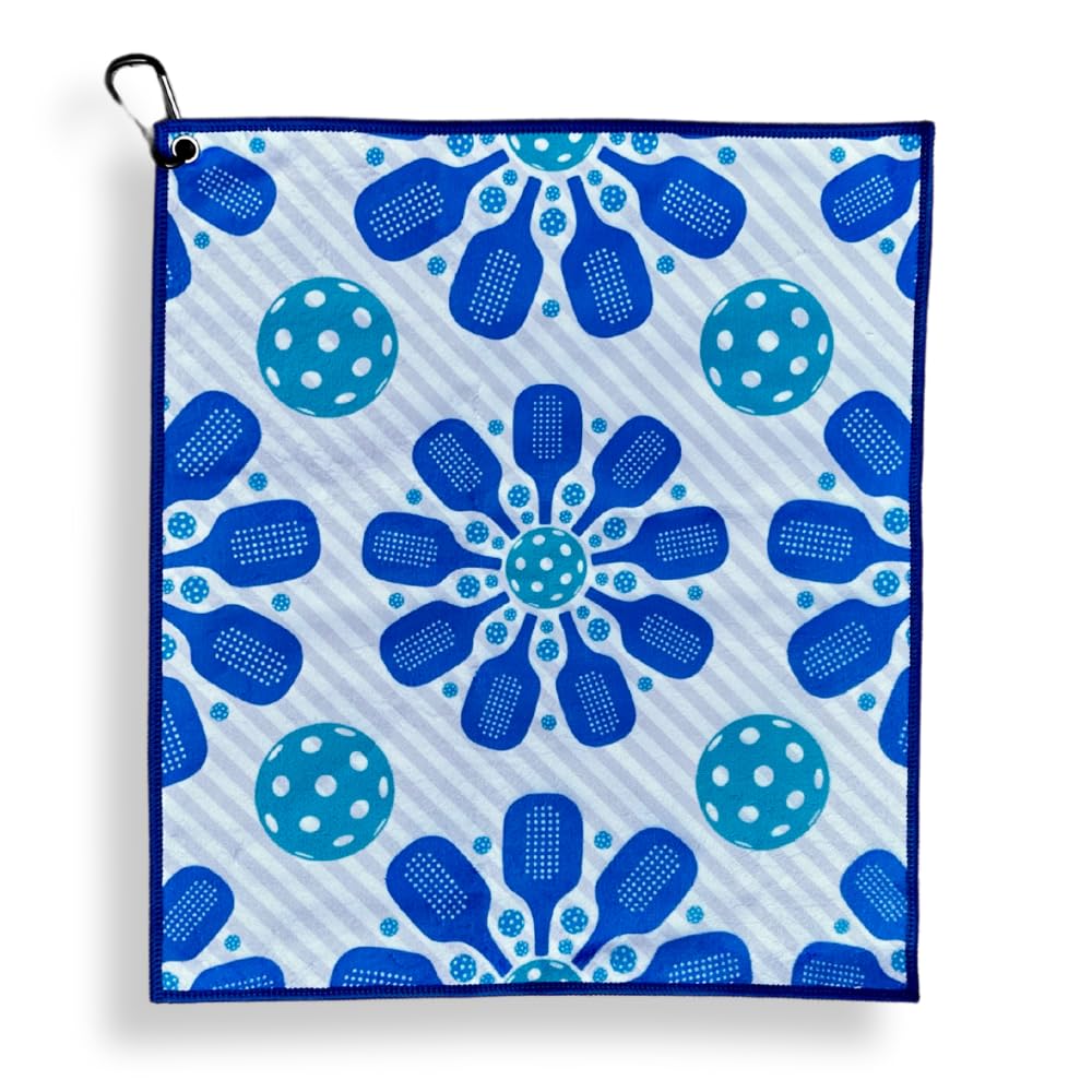 Pickleball Towel, Gifts for Women, Pickleball Accessories, Flower Microfiber & Cotton Athletic Sweat Towel with Carabiner Clip, Blue Pickle Ball Theme Gifts, Pickleball Gear(Blue Flower)