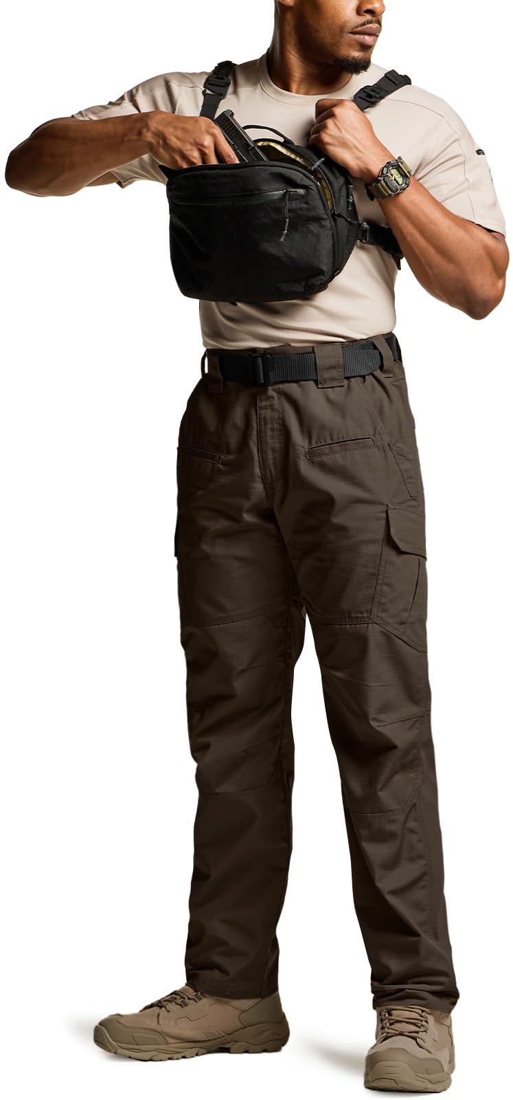 CQR Men's Tactical Pants, Water Resistant Ripstop Cargo Pants, Lightweight EDC Work Hiking Pants, Outdoor Apparel, Raider Dark Brown, 46W x 30L