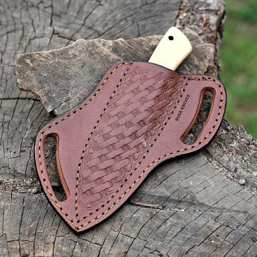Handmade 7-Inch Fixed Blade Cow Boy Knife Damascus Steel with Camel Bone Handle & Leather Sheath - SUSA 116