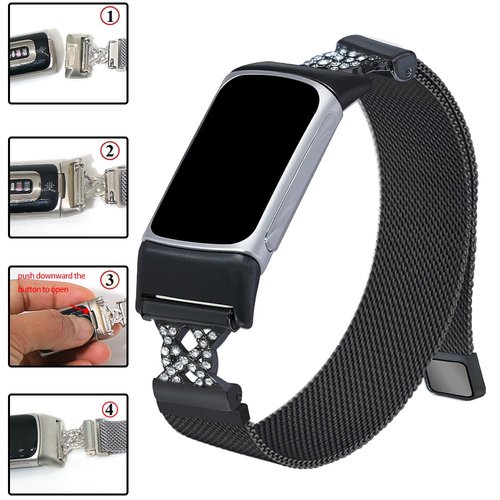 C&L Accessories Bands Compatible with Charge 6/Charge 5 Bands Stainless Steel Metal Strap for Women Men with Charms (Black, Bling)