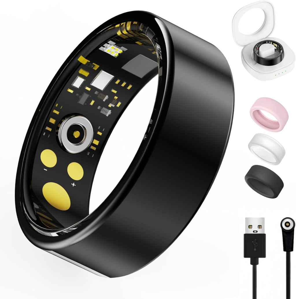 Smart Ring - Health Tracker with Heart Rate, Blood Oxygen & Sleep Monitoring | IP68 Waterproof, Black, Size 10