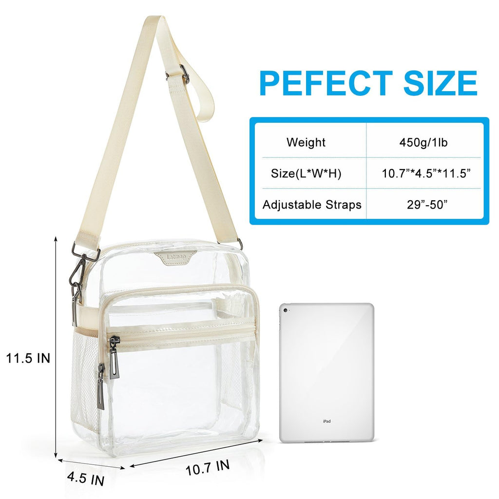 LATMAP Clear Bag for Stadium Events 12x6x12 Clear Purse with 3-Zipper Pockets Crossbody Handbag Tote for Concerts Sports