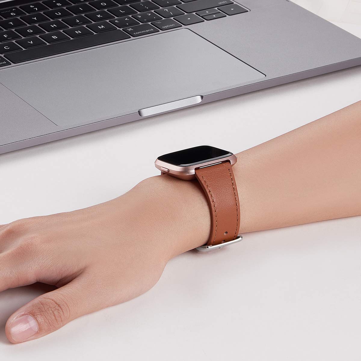 WFEAGL Leather Band for Fitbit Versa - Top Grain Leather Replacement Strap (Brown + Silver Buckle)
