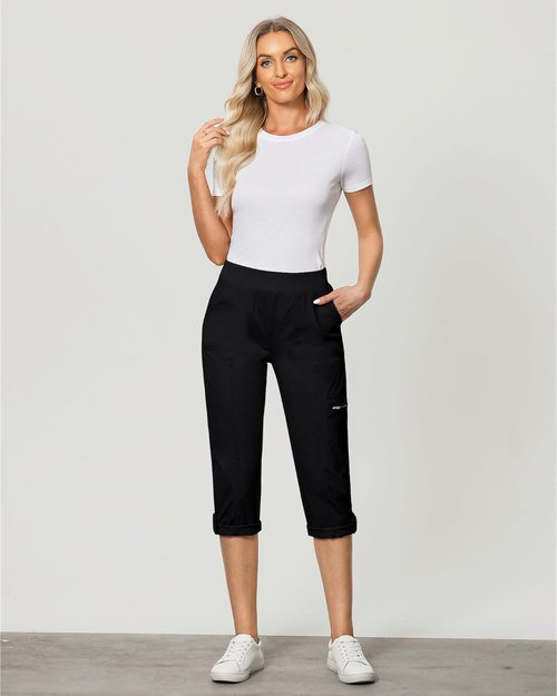 GRAPENT Capri Cargo Pants - High Waisted, Stretch Twill with Pockets | Comfortable Fold Hem Design
