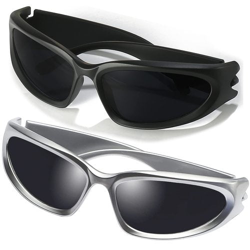 AIEYEZO Y2K Sunglasses Womens Mens Wrap Around Sports Sun Glasses Fashion Oval Thick Frame Ladies Shades (Black + Silver/Grey)