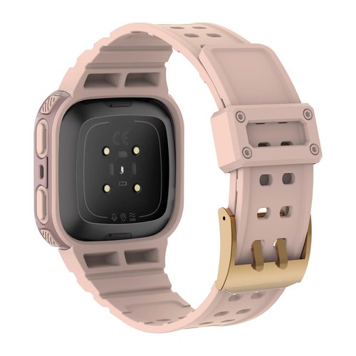 Feigand Compatible for Fitbit Versa 4/3/2/ Fitbit Versa Lite/Sense 2/Sense Bands with Case, Rugged Sports Protector PC Cover TPU Wristbands for Men Women, Green (Pink)