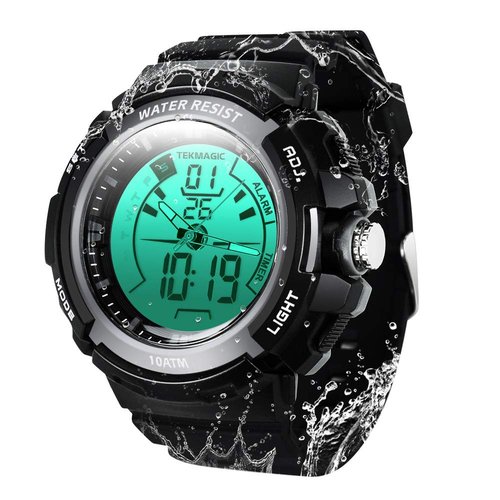 TEKMAGIC 10ATM 100m Outdoor Waterproof Sports Watch for Swimming with Back Light Stopwatch Chronograph Function Support Dual Time Zone (W17-Y)