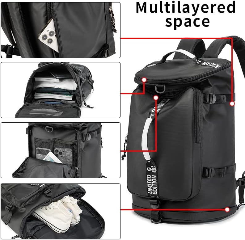 Skiennix Gym Duffle Bag - Waterproof 40L Large Capacity Backpack for Hiking & Travel | Black