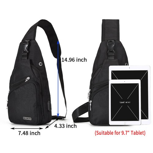 Seoky Rop Men Women Sling Backpack Anti Theft Crossbody Shoulder Chest Bag with USB Charging Port Black