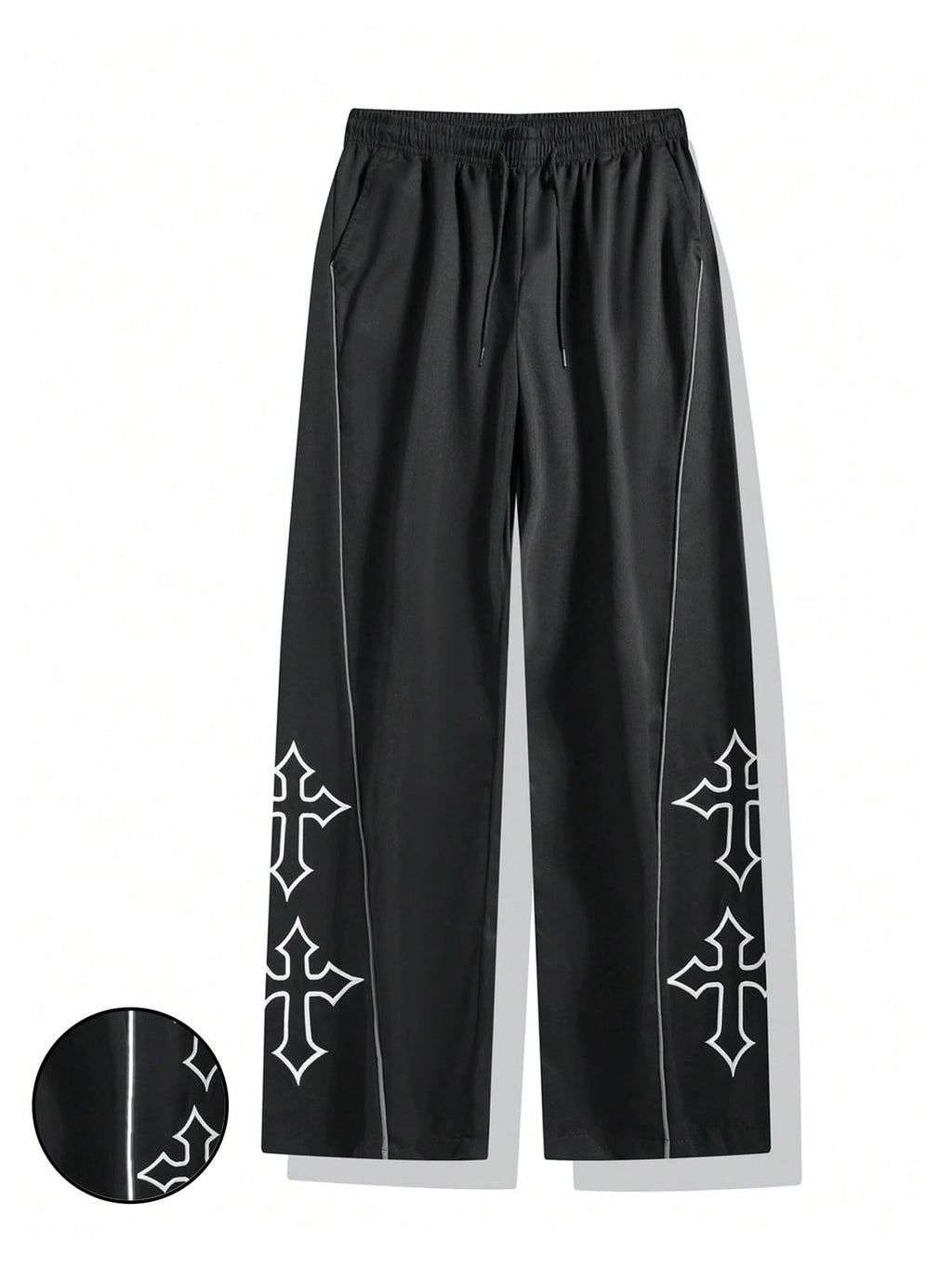 VIPWOLF Men's Cross Graphic Track Pants Y2k Drawstring Waist Stacked Joggers with Pocket Black Medium