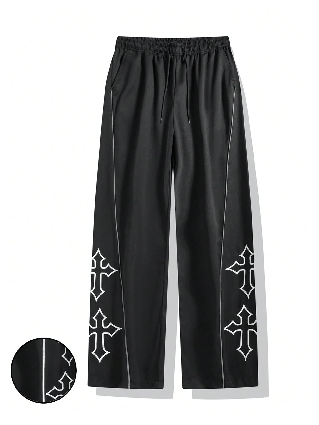 VIPWOLF Men's Cross Graphic Track Pants Y2k Drawstring Waist Stacked Joggers with Pocket Black Medium