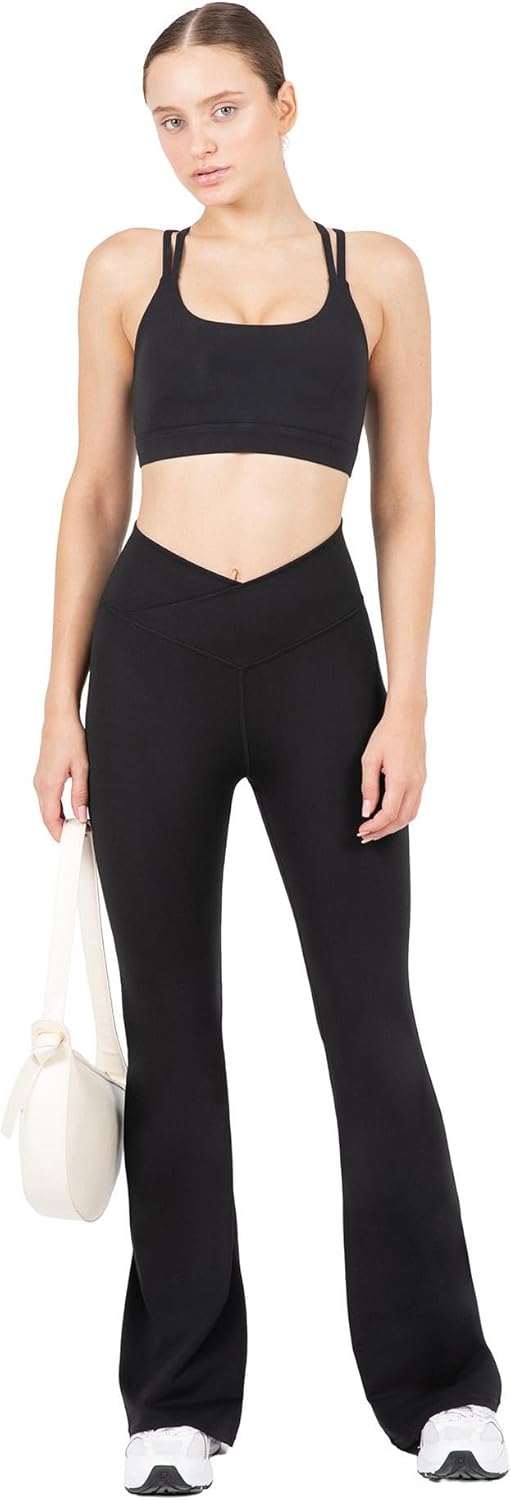 YITTY Active High Waist Crossover Flare Leggings - Buttery Soft Yoga Pants with V-Shape Waistband