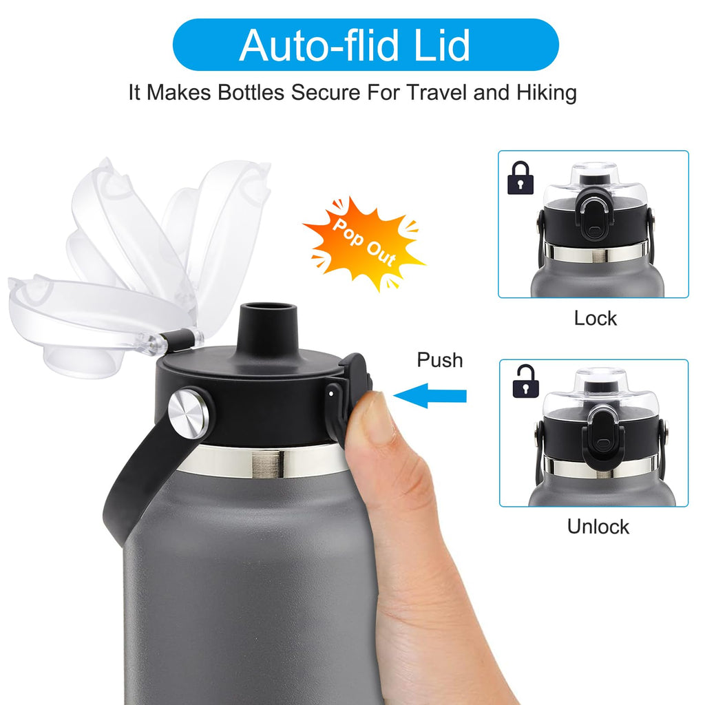 Auto Flip Lid for Hydro Flask Wide Mouth 2 Pack, Great Spout Lid with Handle for 32 oz, 40 oz, Replacement Cap, Top Accessories for Wide Mouth Water Bottles (Black)