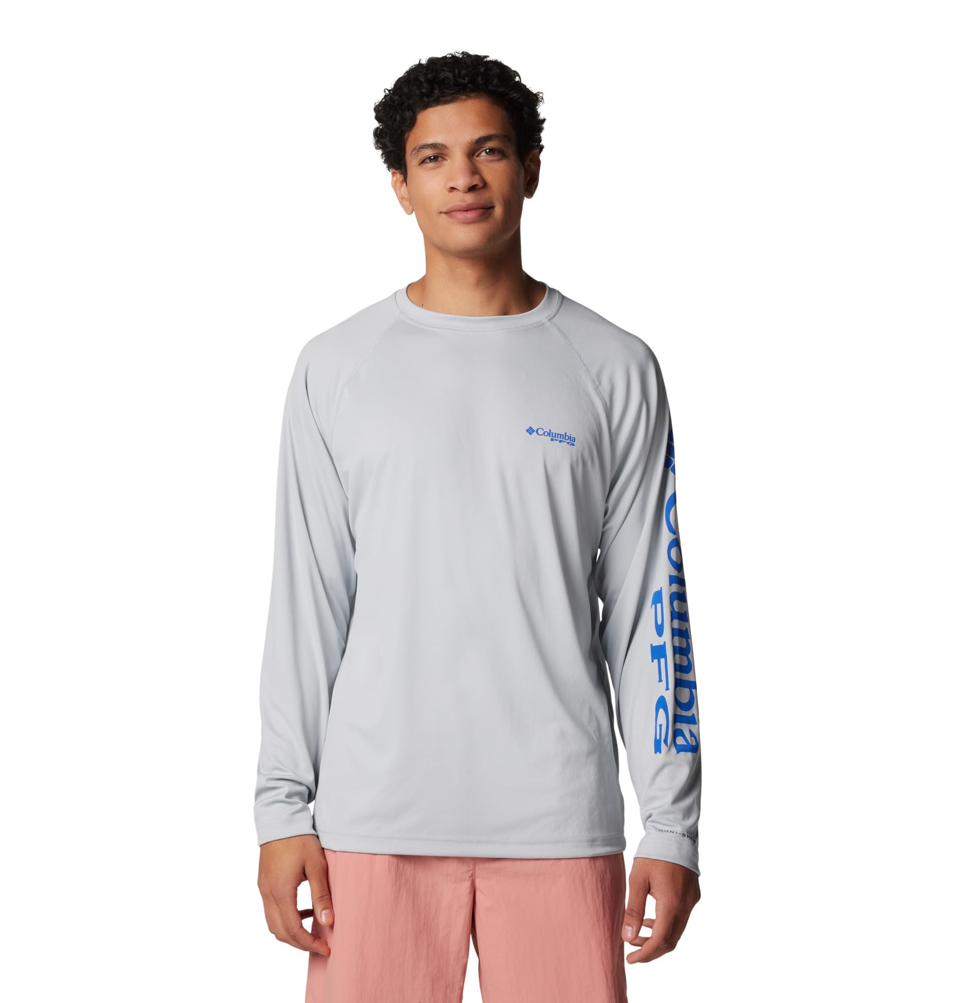 Columbia Men's PFG Terminal Tackle Long Sleeve Fishing Shirt, Cool Grey/Vivid Blue Logo, X-Large Tall
