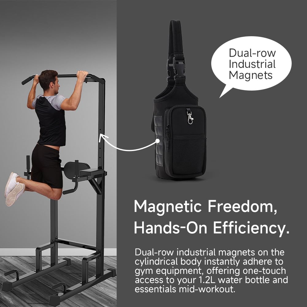 VAKAER Magnetic Gym Bag, Water Bottle Carrier Holder with Phone Pocket & Adjustable Strap,10 Ultra-Strong Magnets Stick to Fitness equipment, Workout Accessories Pouch for Women & Men, Black