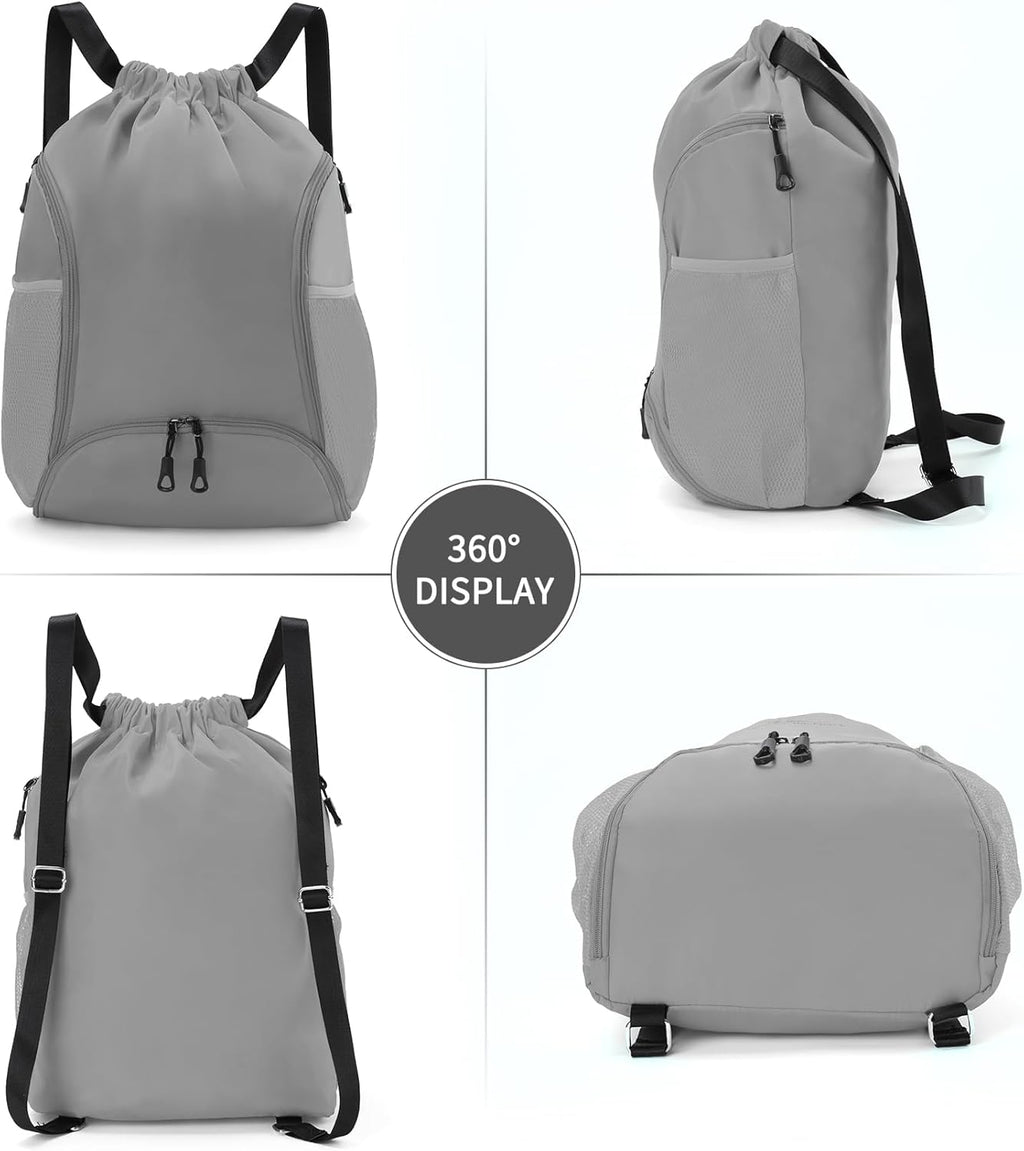 Valleycomfy Sports Gym Bag - Drawstring Backpack with Shoe Compartment & Two Water Bottle Holders | Grey