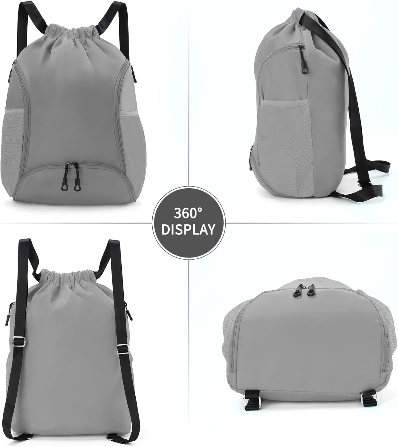 Valleycomfy Sports Gym Bag - Drawstring Backpack with Shoe Compartment & Two Water Bottle Holders | Grey