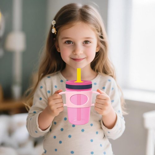 Mity Rain Cup Grip - Silicone Dual-Handle for Owala, Zak & Stanley Toddler Cups | Beige & Pink