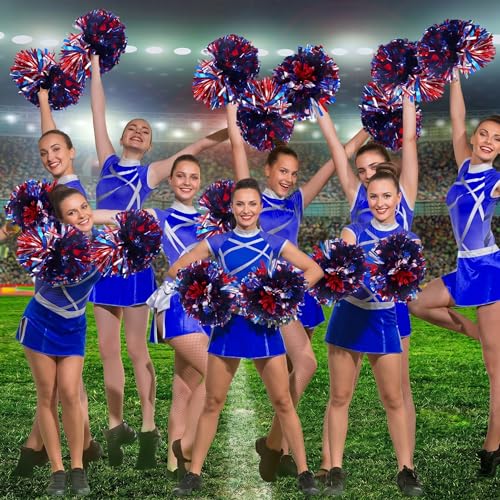 Yunsailing 50 Pcs Cheerleading Pom Poms Bulk with Handles - Red, Blue & Silver