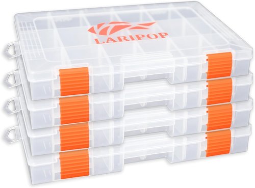 LARIPOP 3600 Fishing Tackle Boxes - Clear Plastic Storage Trays with Adjustable Dividers | 4-Pack Organizer for Lures & Accessories