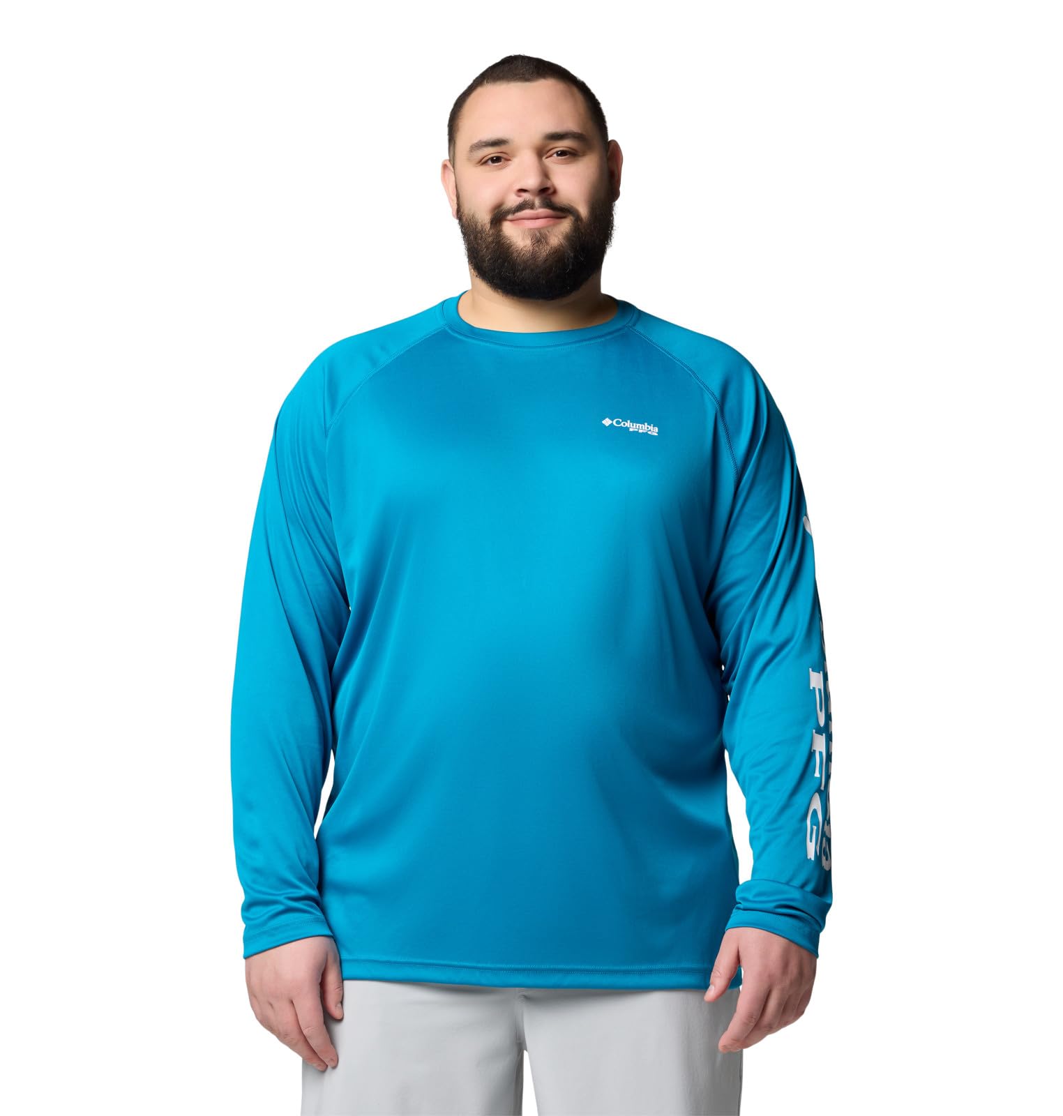 Columbia Men's PFG Terminal Tackle Long Sleeve Fishing Shirt, Blue Echo/White Logo, 1X