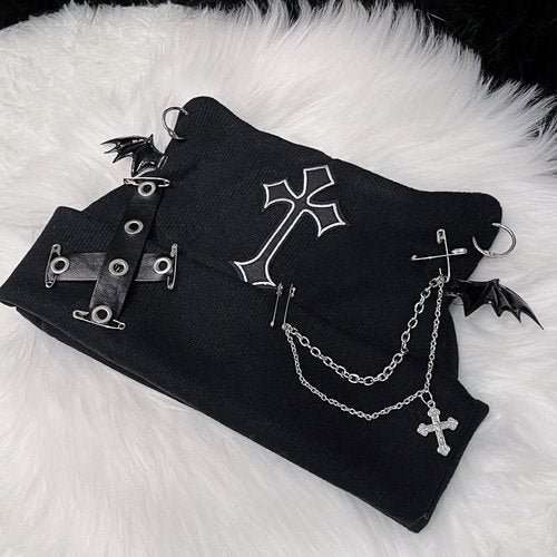 TYHOTULY Y2k Goth Beanie Hats for Women Winter Punk Emo Grunge Cat Ear Knitted Cap Gothic Streetwear Halloween Accessories (Black,One Size)