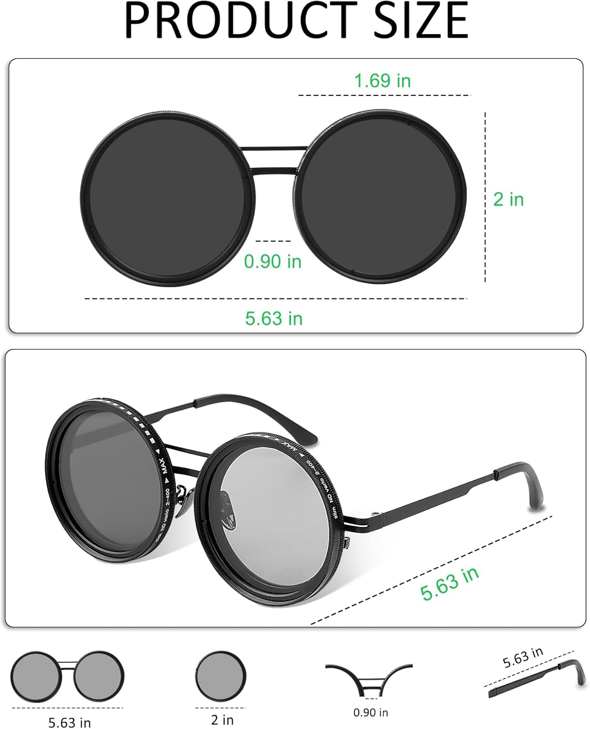 Skiennix Adjustable Tint Sunglasses - Polarized Round Glasses with Manual Tint Control & ND Filter
