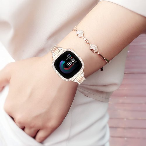 MOFREE Compatible for Fitbit Versa 4 Bands/Fitbit Sense 2 Bands Women with Hard Bling Bumper Protective Case Cover, Dressy Jewelry Diamond Rhinestone Metal Wristband for Fitbit Versa 4/Sense 2 (Rose