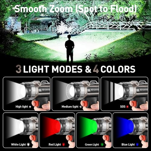 FORTO Brown Pro Handheld Spotlight with 3-Color Lens, 1400 Lumens, 2700Ft Range, Rechargeable, Focus & Light Modes