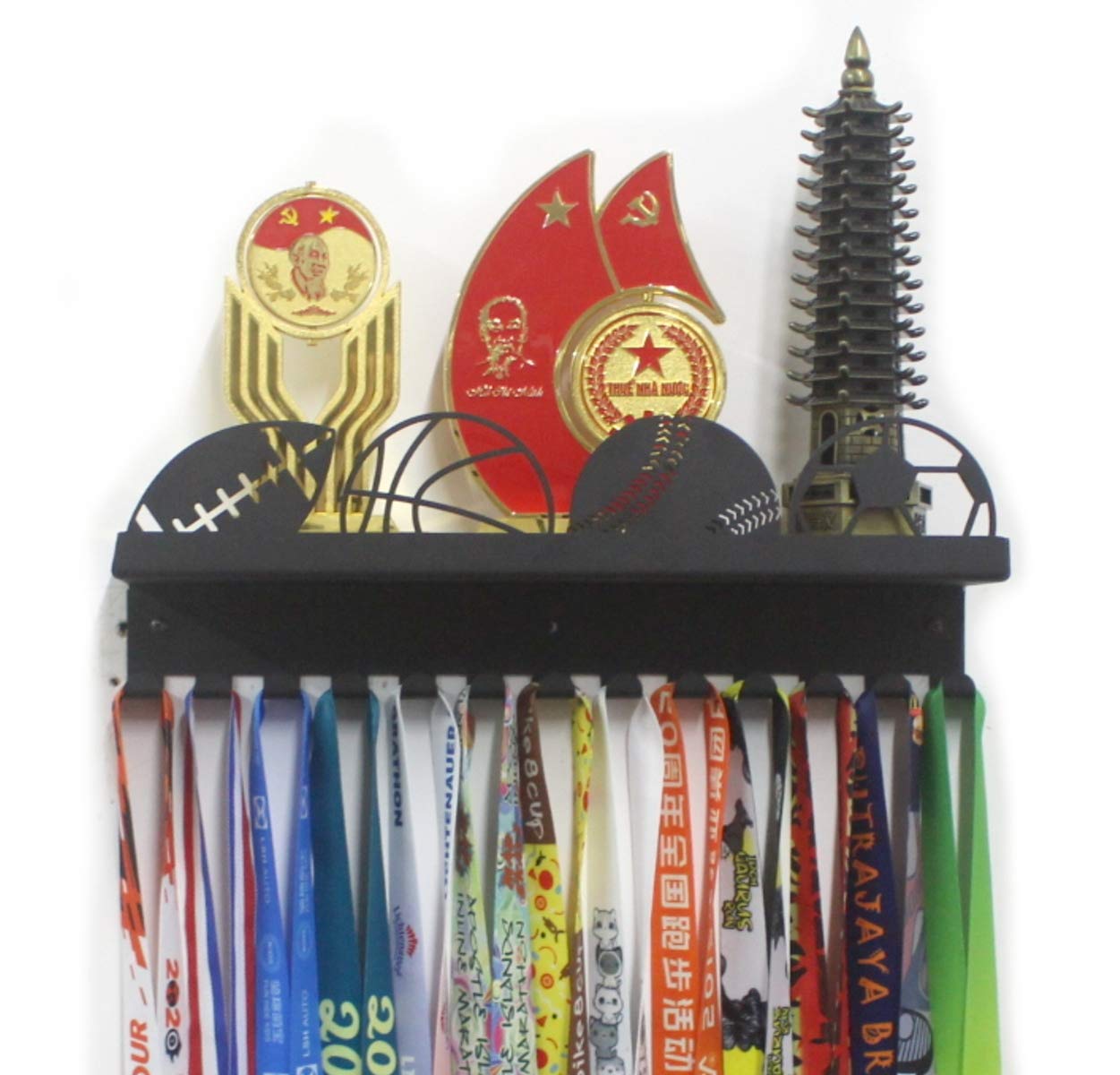 URBN BY MODERN HOME FINISHINGS Metal Wall Mount Sports Balls Design Kids & Adults Sports Medal Hanger Display, Ribbon Holder Rack with 3" Trophy Shelf Rack and Easy Hang Hooks, Black
