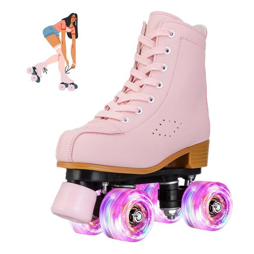 jessie Roller Skates for Girl and Women, PU Leather Light up Kids Roller Skates, Cute Adjustable Four-Wheel Beginner Youth Roller Skates Girls Ages 8-12 Outdoor Indoor (Youth 2, Pink)