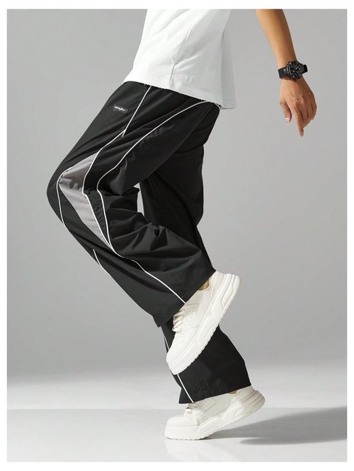 SOLY HUX Men's Baggy Track Pants Drawstring Elastic Waist Parachute Sweatpants Streetwear Black Grey Medium